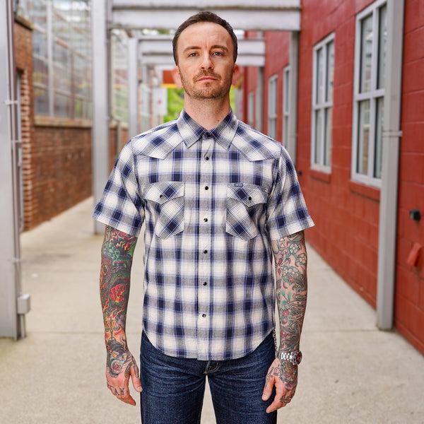 guilty parties Iron Heart IHSH-418-BLU 5oz Selvedge Short Sleeved Madras Check Western Shirt - Blue