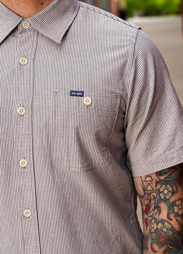 Guilty Parties Iron Heart IHSH-420-HIC 5oz Selvedge Oxford Cloth Short Sleeved Work Shirt - Hickory Stripe