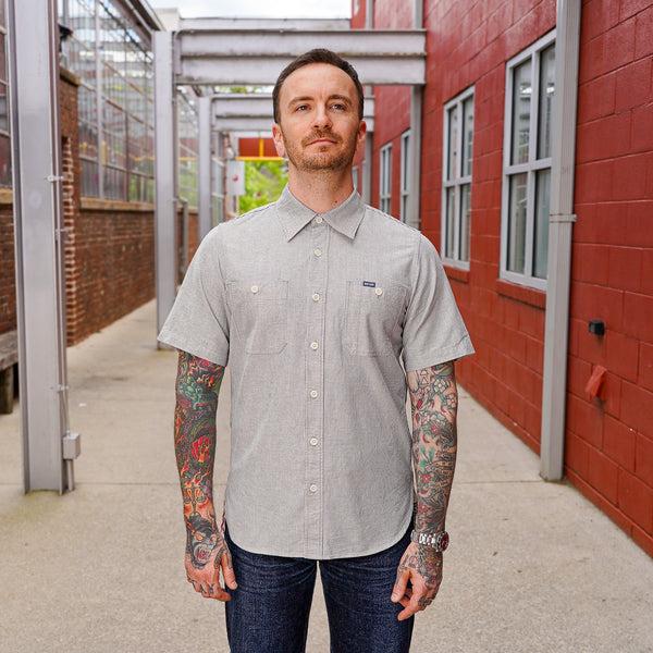 guilty parties Iron Heart IHSH-420-HIC 5oz Selvedge Oxford Cloth Short Sleeved Work Shirt - Hickory Stripe