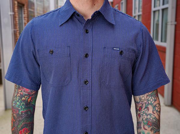 Guilty Parties Iron Heart IHSH-420-PIN 5oz Selvedge Oxford Cloth Short Sleeved Work Shirt - Pinstripe