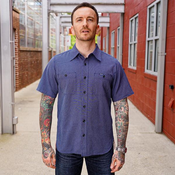 guilty parties Iron Heart IHSH-420-PIN 5oz Selvedge Oxford Cloth Short Sleeved Work Shirt - Pinstripe