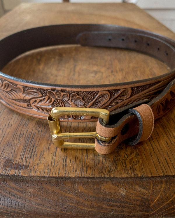guilty parties Wythe Western Tooled Leather Belt - Cognac