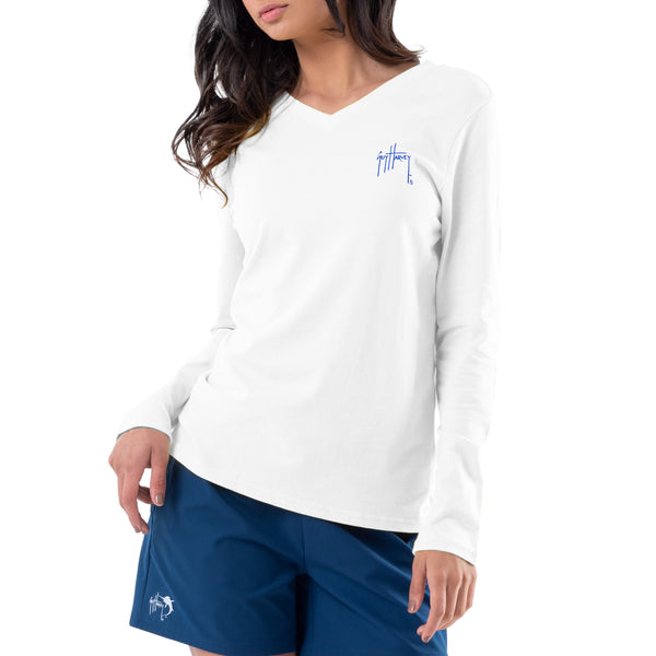 Guy Harvey Ladies Flag Floral Long Sleeve V Neck T-Shirt