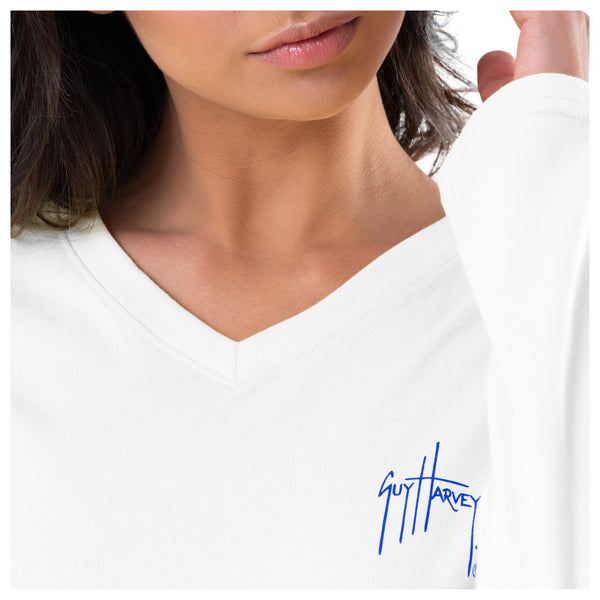 Guy Harvey Ladies Flag Floral Long Sleeve V Neck T-Shirt