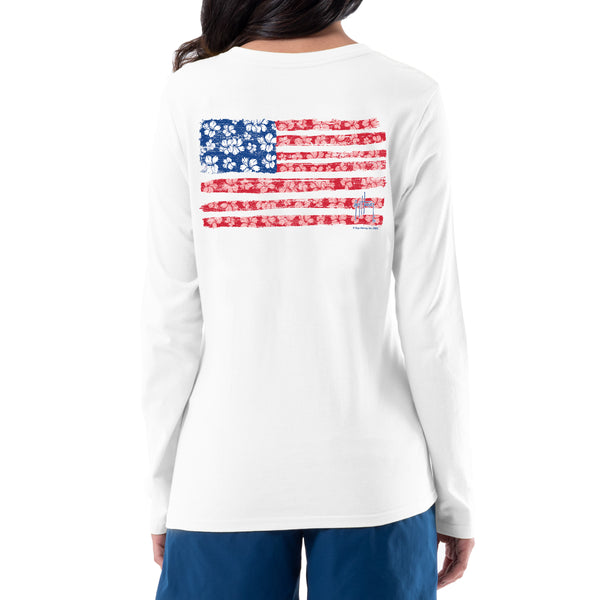 guy harvey Ladies Flag Floral Long Sleeve V Neck T-Shirt