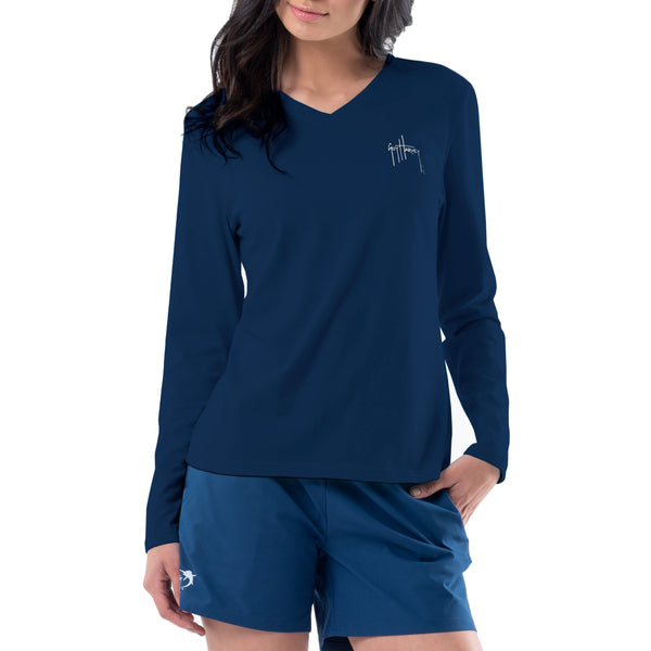 Guy Harvey Ladies Floral Watercolor Long Sleeve V Neck T-Shirt