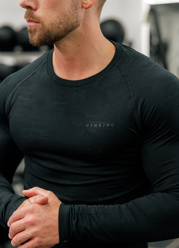 Gym King Debossed Camo Seamless LS Tee Black