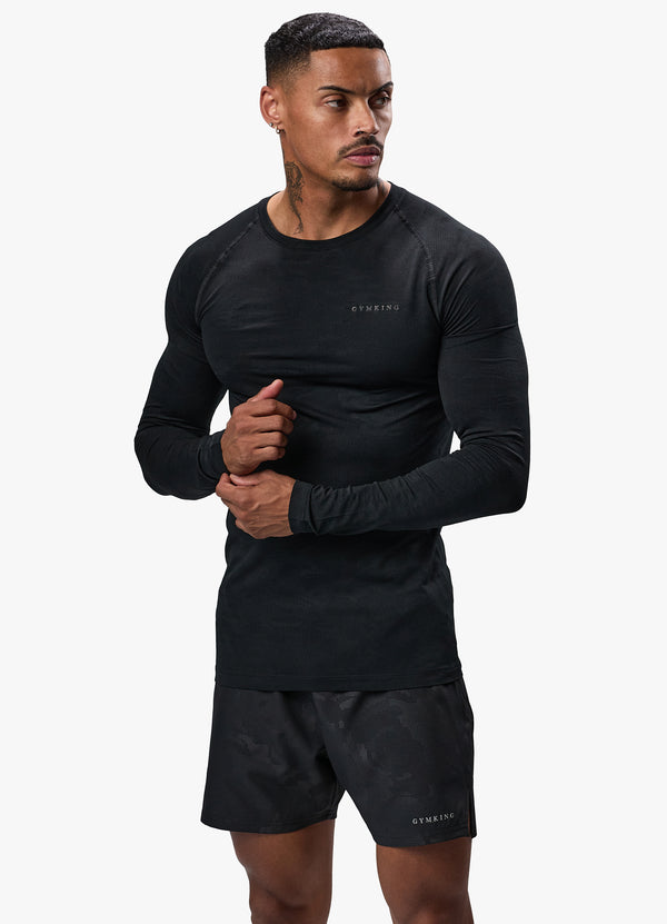 Gym King Debossed Camo Seamless LS Tee Black