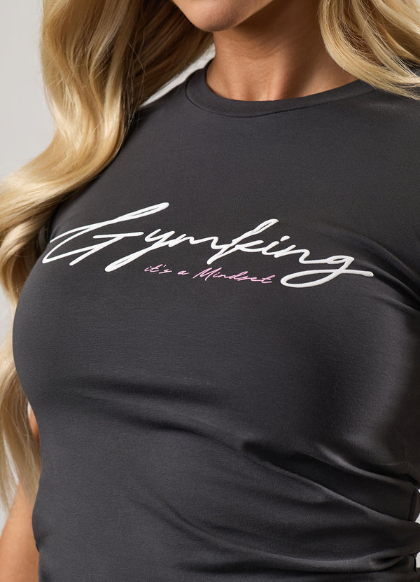 Gym King Script Mindset Fitted Tee Dark Pewter