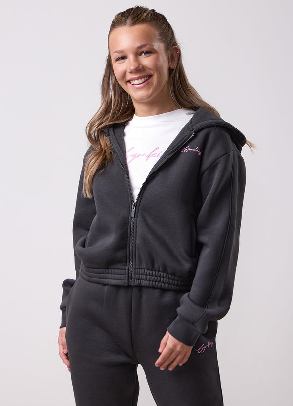 gym king Kids Script Full Zip Crop Hood Dark Pewter