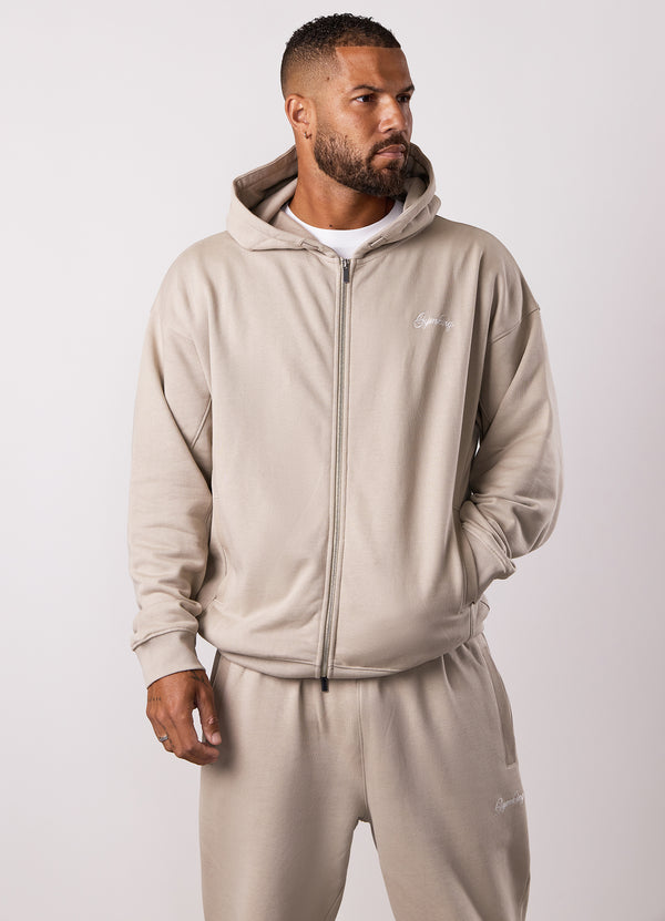 Gym King Script Relaxed Fit Full Zip Hood Light Sand