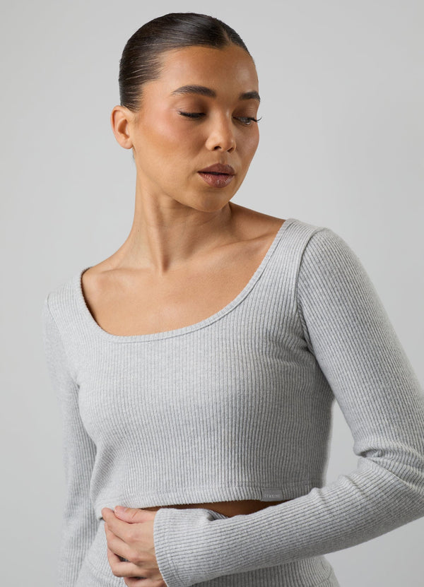 Gym King Serenity Rib Square Neck Long Sleeve Tee Grey Marl