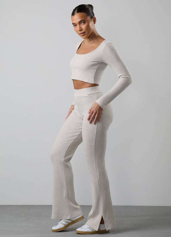 Gym King Serenity Rib Square Neck Long Sleeve Tee Light Oatmeal Marl