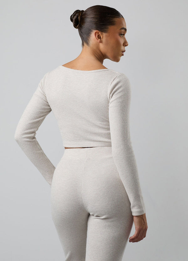 gym king Serenity Rib Square Neck Long Sleeve Tee Light Oatmeal Marl