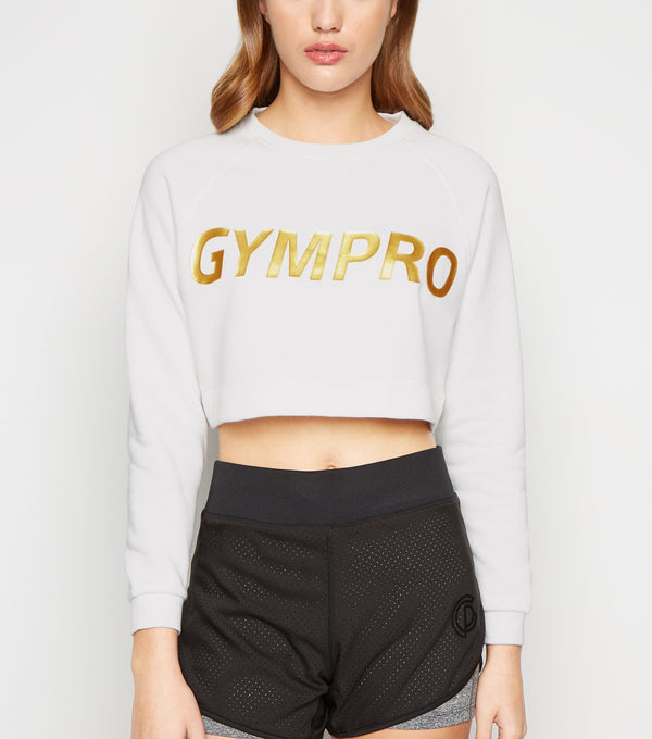 gympro Womens - Logo Cropped Jumper/Sweatshirt - White & Gold