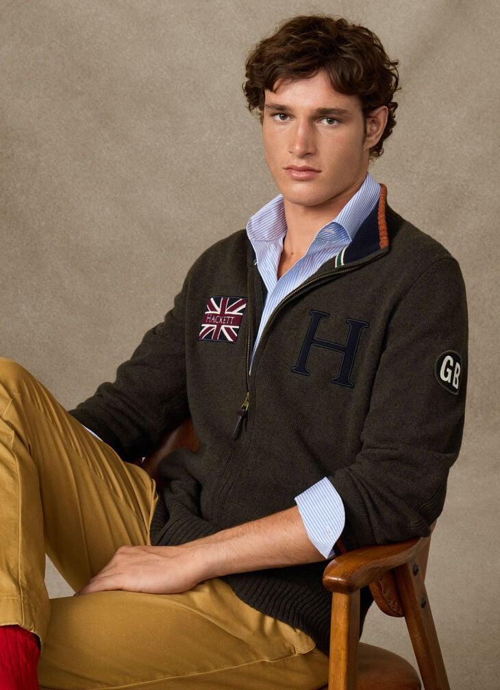 hackett merino wool rally full zip cardigan