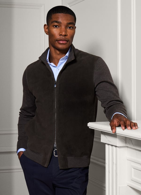 Hackett Merino Wool Suede Front Cardigan