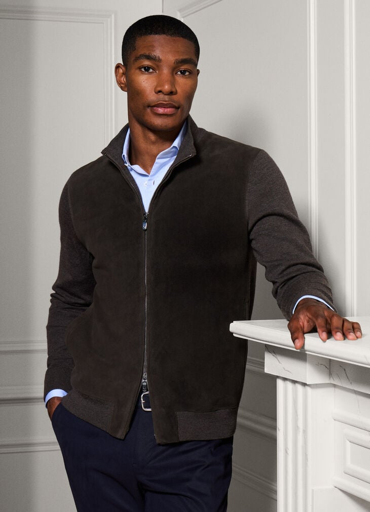 hackett merino wool suede front cardigan