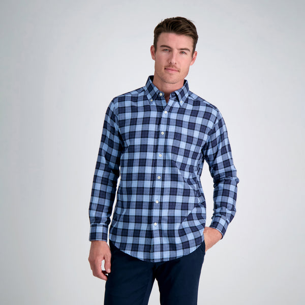 haggar Windowpane Heather Plaid Shirt DK Denim