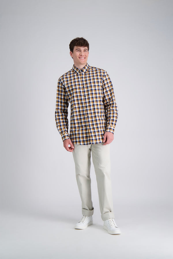 Haggar Long Sleeve Brushed Cotton Plaid Shirt Mocha