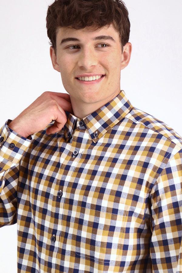 Haggar Long Sleeve Brushed Cotton Plaid Shirt Mocha