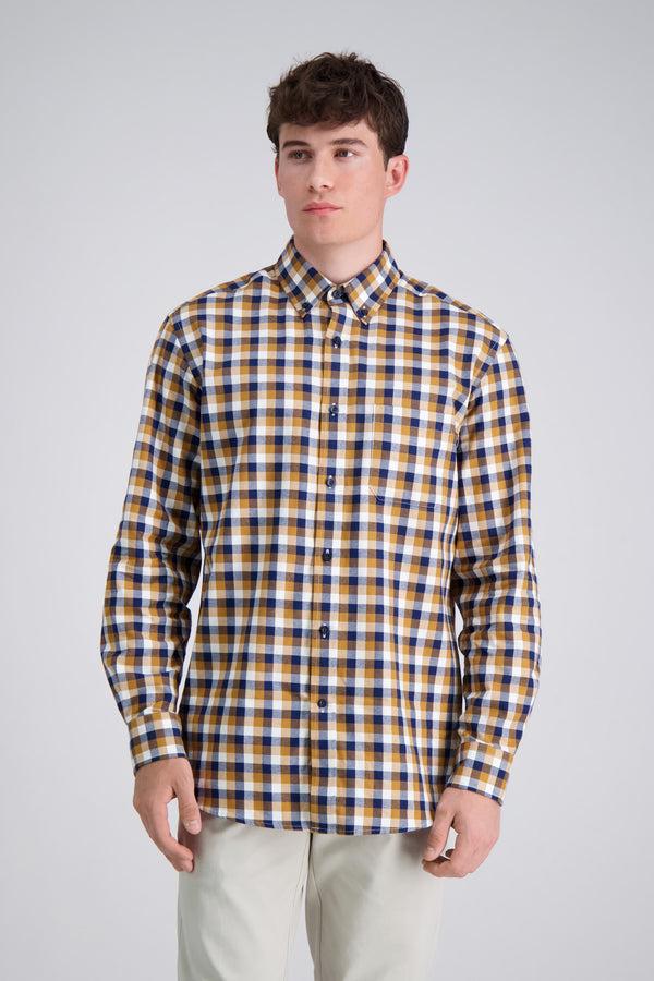 haggar Long Sleeve Brushed Cotton Plaid Shirt Mocha