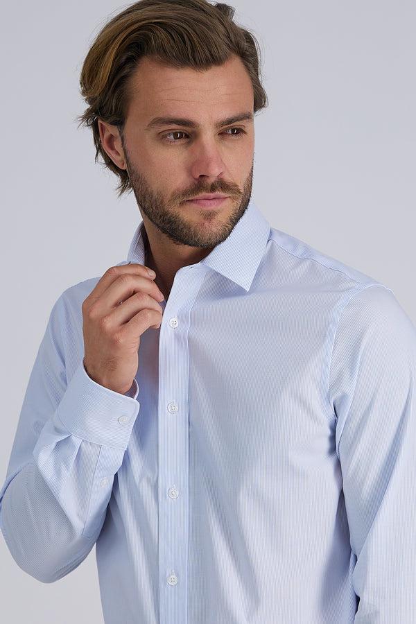 Haggar Premium Comfort Performance Cotton Dress Shirt - White & Blue Stripe Oatmeal