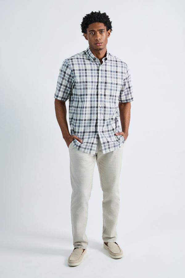 Haggar Short Sleeve Button-Down Linen Shirt Dark Grey