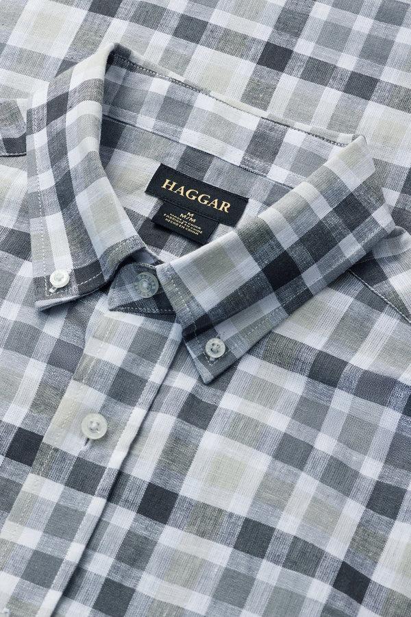 Haggar Short Sleeve Button-Down Linen Shirt Dark Grey