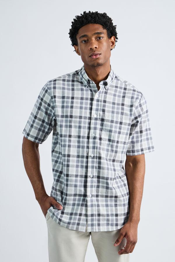 haggar Short Sleeve Button-Down Linen Shirt Dark Grey