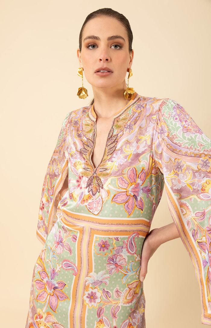 Hale Bob Aileen Silk Caftan Dress Beaded