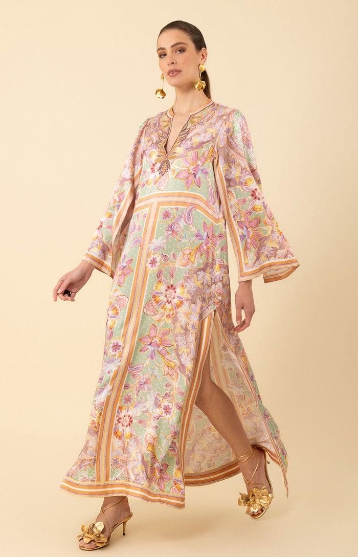 Hale Bob Aileen Silk Caftan Dress Beaded
