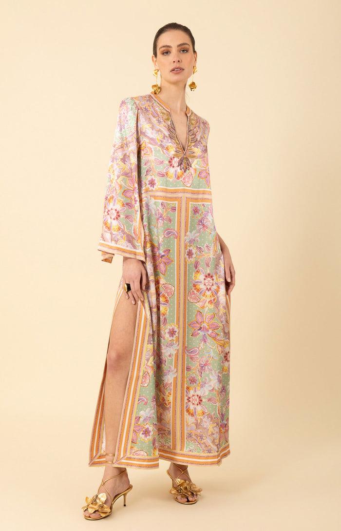 hale bob Aileen Silk Caftan Dress Beaded