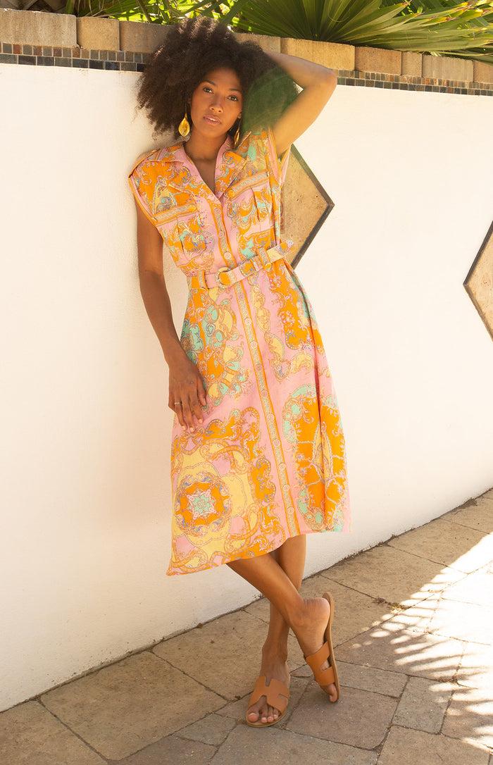 Hale Bob Daisie Belted Linen Midi Dress