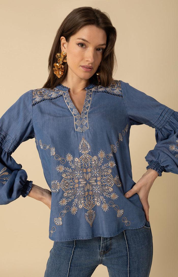 Hale Bob Elliott Embroidered Chambray Top