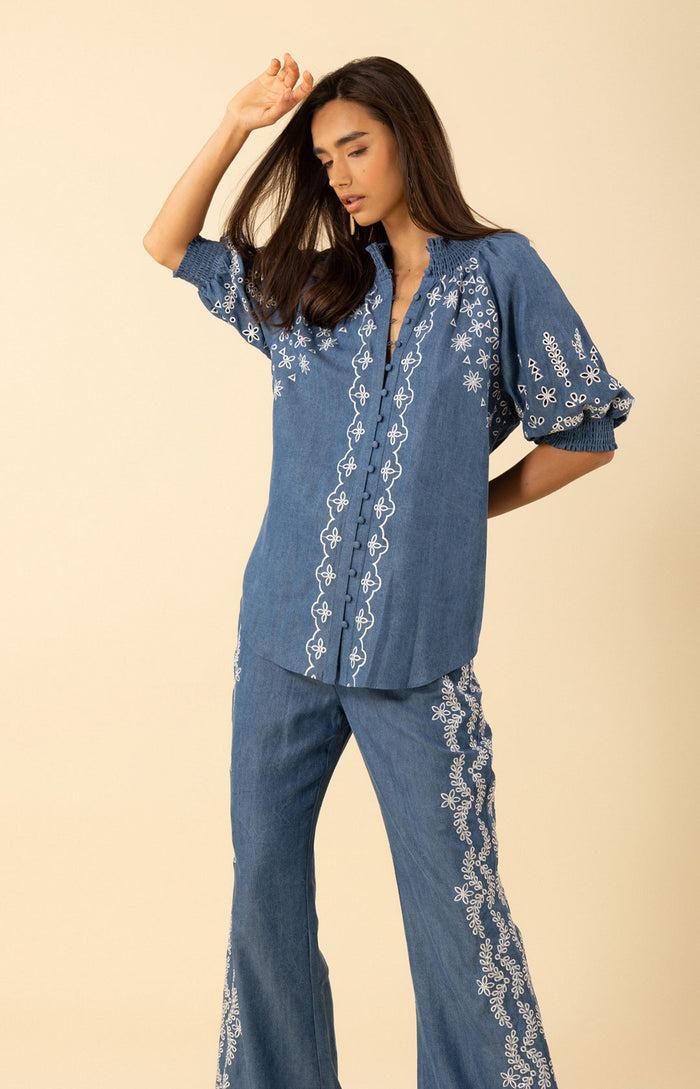 Hale Bob Fallon Embroidered Chambray Top