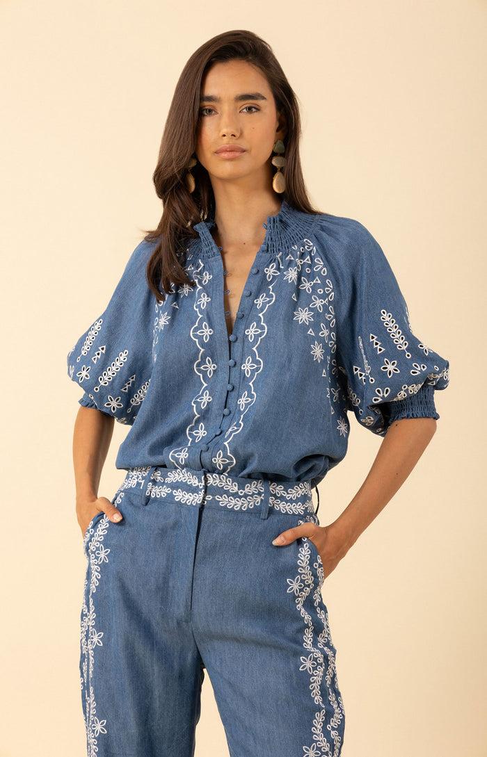 Hale Bob Fallon Embroidered Chambray Top