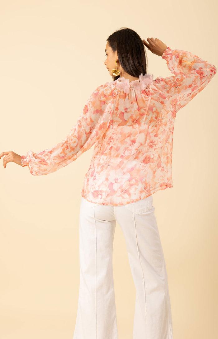 Hale Bob Jolie Floral Trim Silk Top