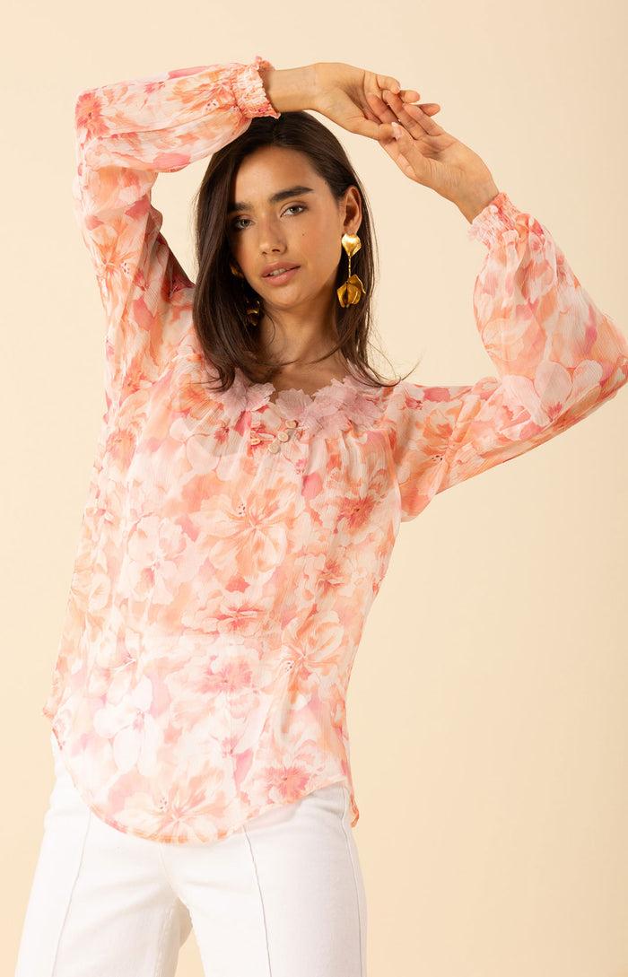 Hale Bob Jolie Floral Trim Silk Top