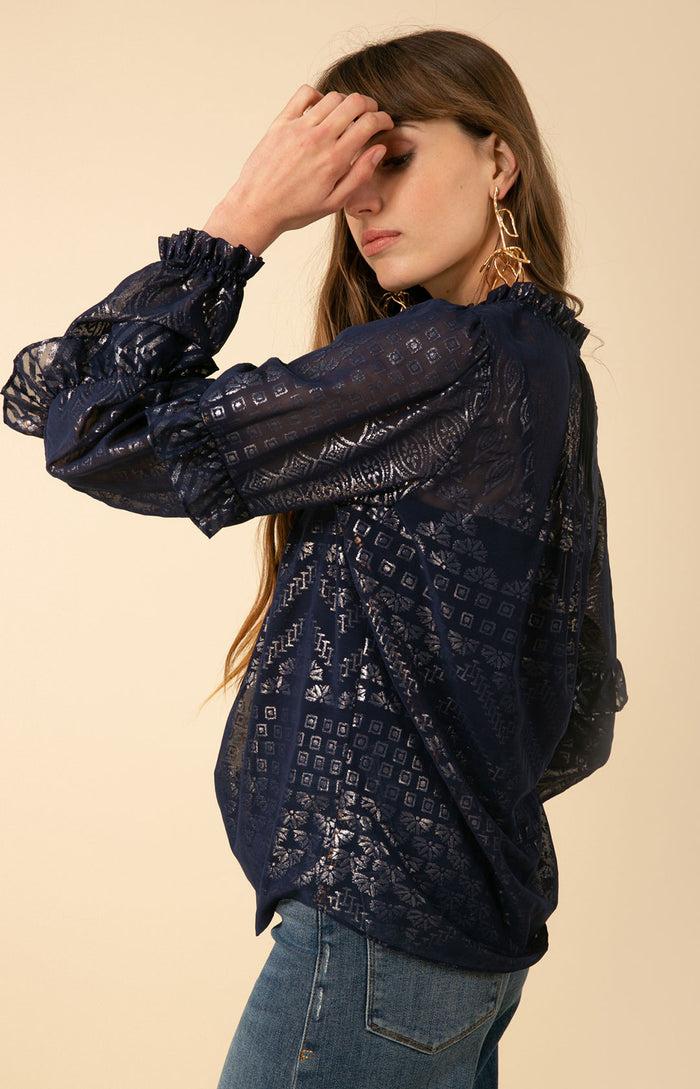 Hale Bob Mäelys Foiled Chiffon Lace-Up Top