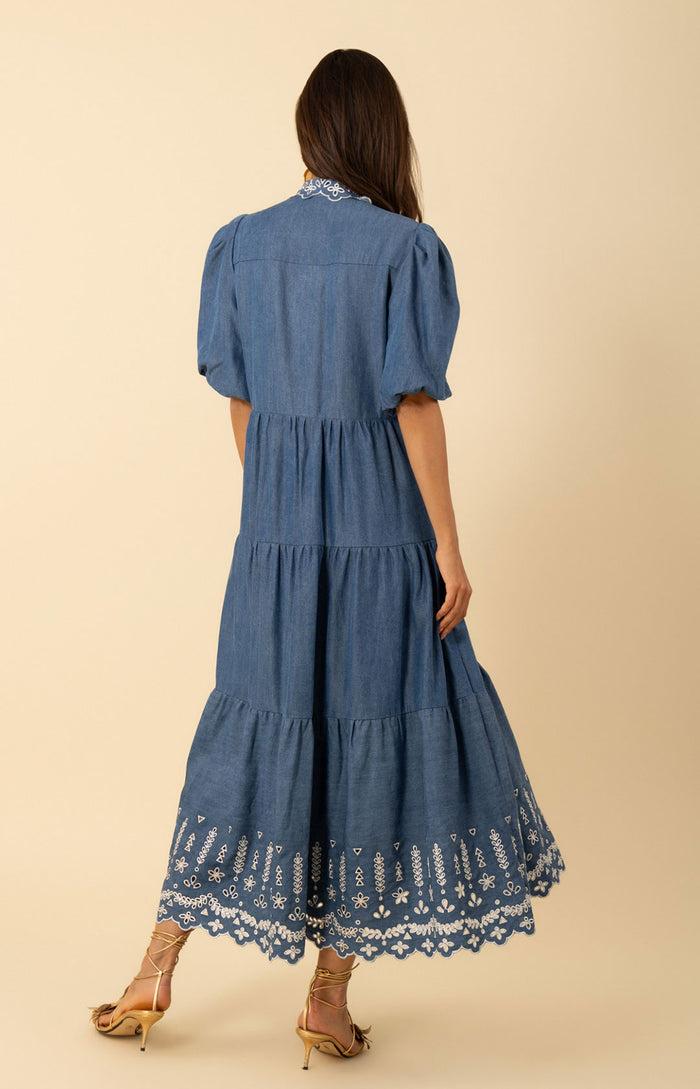 Hale Bob Martha Embroidered Chambray Maxi Dress
