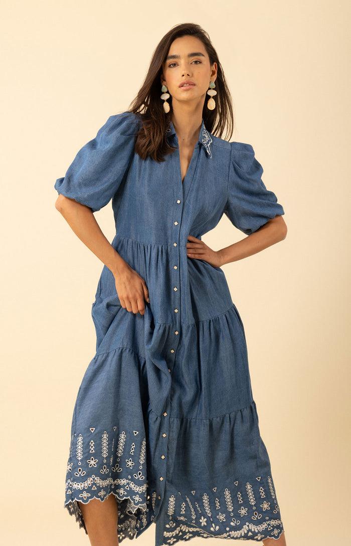 Hale Bob Martha Embroidered Chambray Maxi Dress