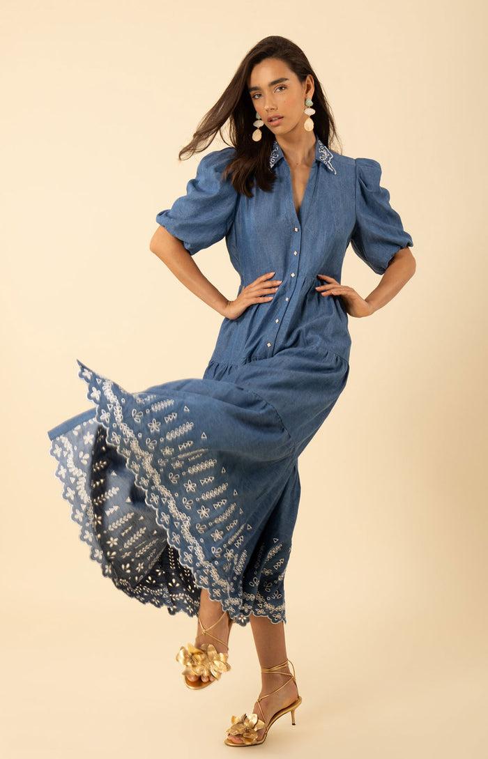 Hale Bob Martha Embroidered Chambray Maxi Dress