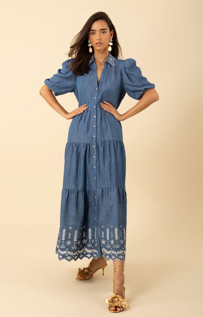 hale bob Martha Embroidered Chambray Maxi Dress