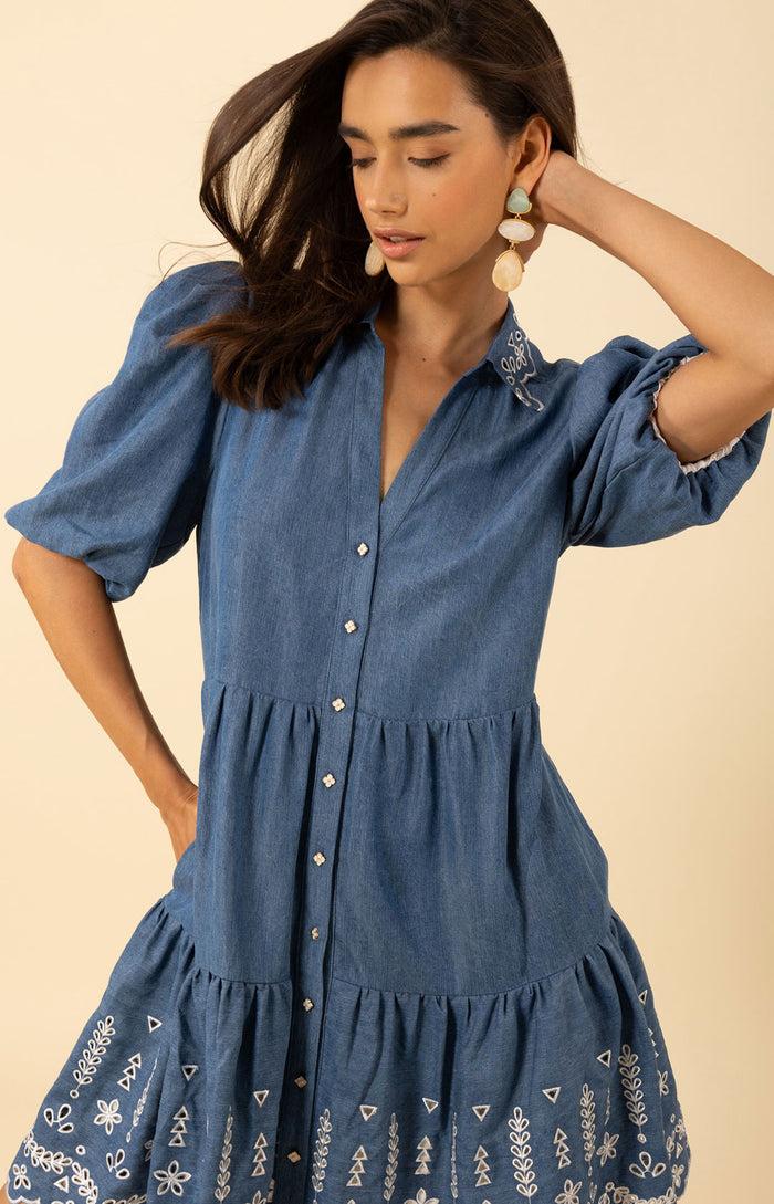 Hale Bob Rayna Embroidered Chambray Dress