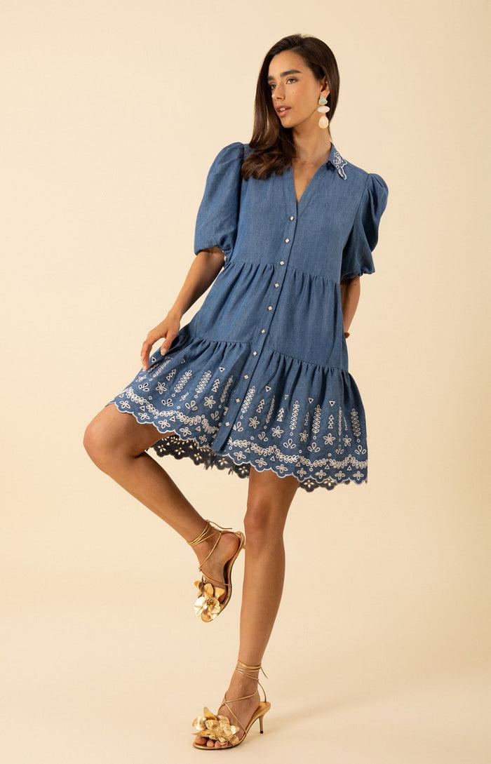 Hale Bob Rayna Embroidered Chambray Dress