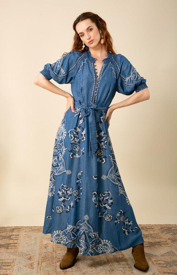 Hale Bob Wynter Embroidered Chambray Dress