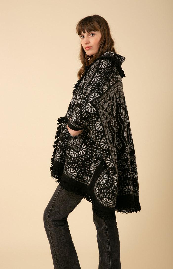 Hale Bob Maria Fringe Oversized Poncho Jacquard Sweater