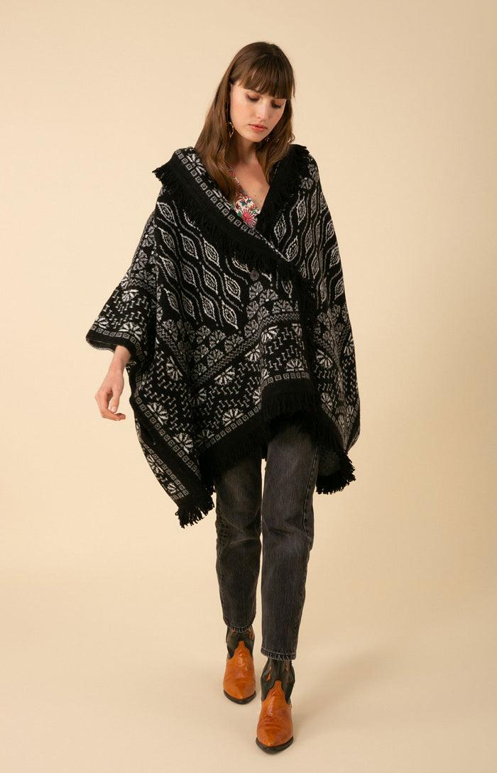 Hale Bob Maria Fringe Oversized Poncho Jacquard Sweater