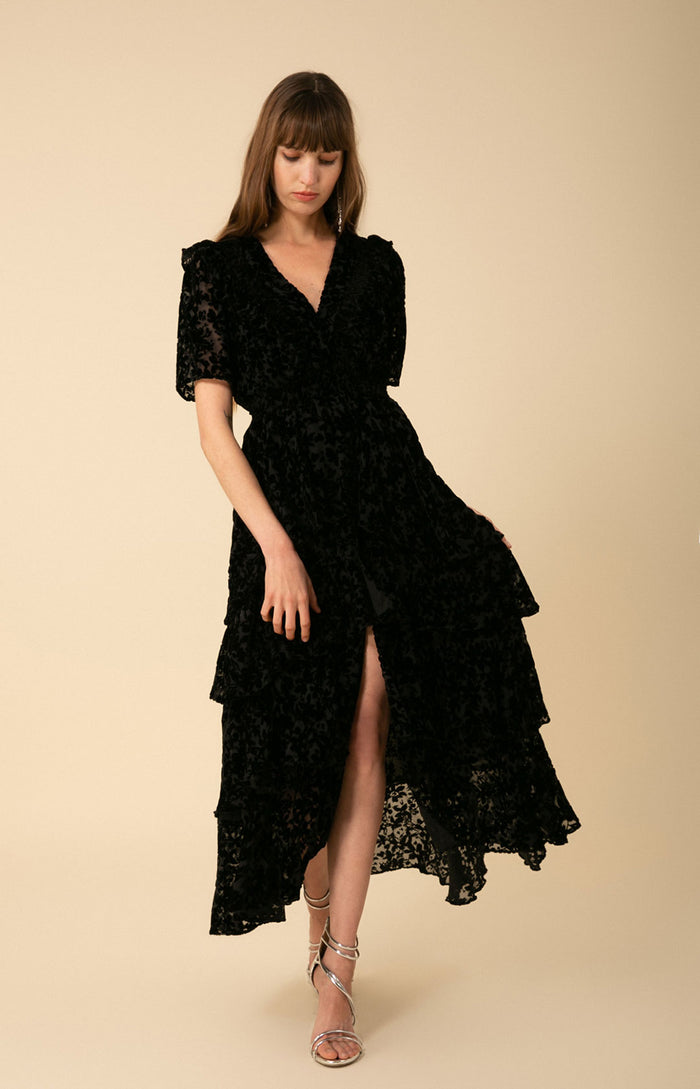 hale bob Valentine Solid Velvet Burnout Tiered Dress